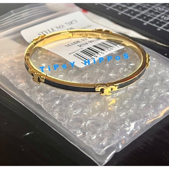 Tory Burch Black & Gold Enamel Serif Bangle Bracelet - Picture 8 of 9